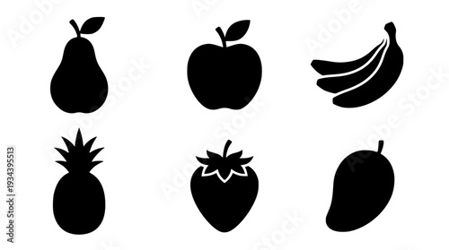 Fresh Fruit Silhouette Icons  Healthy Food Black Vector Set