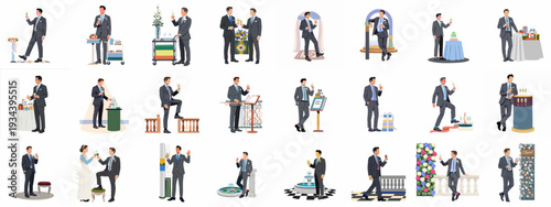 Illustrations of grooms and guests celebrating at elegant wedding and formal events, enjoying champagne, cakes, and festive decorations.