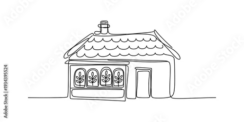 A minimalist continuous line art illustration of a small, charming house featuring a porch with arched windows and floral details. Vector, illustration