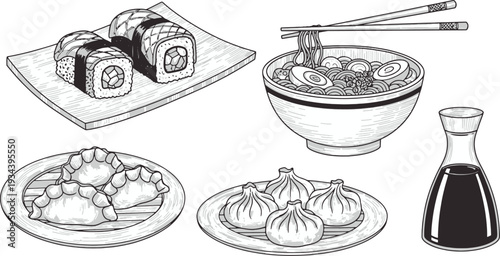 Vintage sketch of japanese and chinese food with dumplings ramen and sushi
