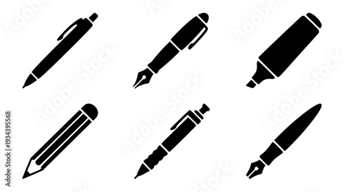 Stationery Icons  Pen, Pencil and Marker Solid Black Vector Set