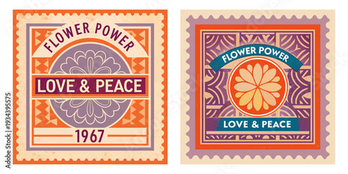 A postage stamp featuring a Flower Power daisy pattern. Psychedelic 1967 aesthetic, vibrant purple and orange, Love & Peace denomination.