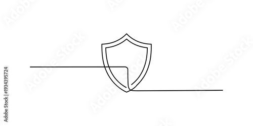 Continuous line drawing of a shield representing security and protection on a white background Vector, illustration