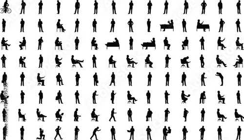 Massive Collection of Human Silhouettes in Various Poses Including Sitting Standing Walking Working and Cycling for Diverse Business and Lifestyle Conceptual Vector Design Projects
