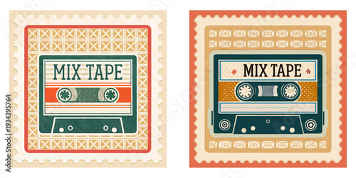 A rectangular stamp of a clear plastic cassette tape with handwritten Mix Tape on the label, faded 90s aesthetics, grainy texture.