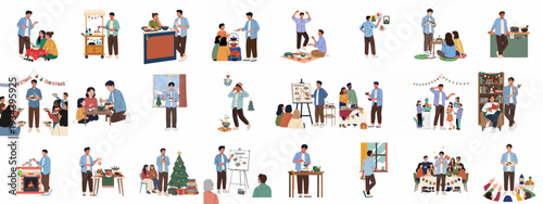 Vibrant Illustrations of People Preparing, Sharing, and Enjoying Delicious Food at Social Gatherings and Festive Celebrations