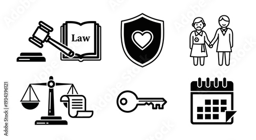 Legal and Family Icons: Law, Shield, Couple, Scales, Key, Calendar