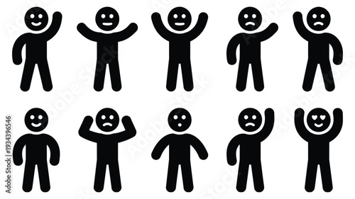 Emotional stick figure icon set, simple black silhouettes depicting various moods including sadness, happiness, depression, and joy, isolated on white for presentations, infographics, and mental 
