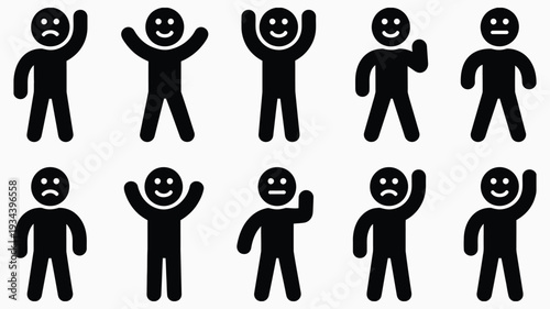 Black stick figures emotions, showing sad, happy, depressed, and joyful poses on a white background, minimal vector-style line art for educational, psychological, or design use.