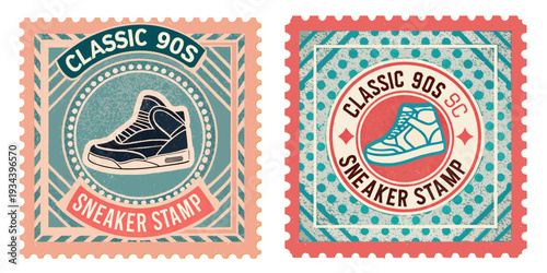 A stamp featuring a classic 90s basketball sneaker, bold Graffiti style background, bright cyan and magenta, perforated edges.