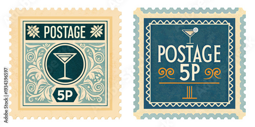 A sleek 1960s stamp featuring a martini glass with an olive. Minimalism, thin line art, navy blue and gold accents, Postage 5p.