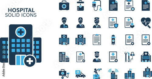 Set of 30 Hospital Solid Icons Featuring Medical Professionals Healthcare Facilities Ambulance Emergency Equipment Surgical Tools Patient Care Services and C