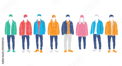 Minimalist illustration of eight stylized people in a row wearing colorful casual clothing like hoodies and jackets on white background,