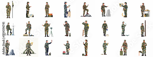 Diverse collection of female soldiers in camouflage uniforms, performing various military duties and operations with different equipment.