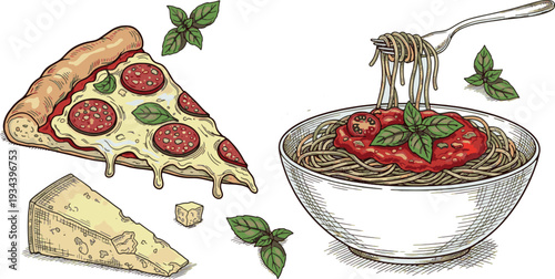 Hand drawn italian food set with pizza slice pasta meatballs and ingredients