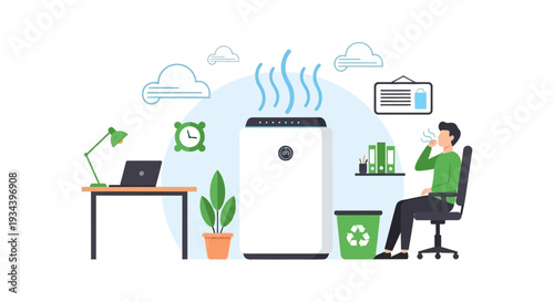 Man Enjoys Purified Air in Modern Office with Air Purifier for Health & Productivity. Workplace Wellness Concept Illustration.