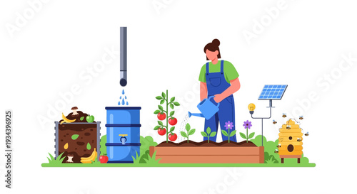Sustainable Urban Gardening: Woman Cultivating Home Garden with Compost, Rainwater Harvesting, Solar Power & Beehive. Eco-Friendly Lifestyle.