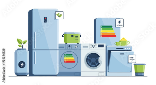 Energy Efficient Smart Home Appliances. Eco-Friendly Household Devices with Power Saving Rating Labels. Sustainable Living & Modern Technology.