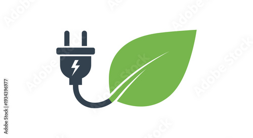 Green Energy and Renewable Power Icon: Electric Plug Connected to a Fresh Green Leaf, Symbolizing Sustainable Solutions and Eco-Friendly Electricity