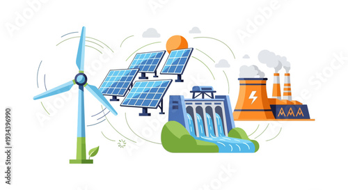 Renewable vs. Non-Renewable Energy Sources Diagram. Sustainable Power Generation with Wind, Solar, Hydro, and Fossil Fuel Plants.