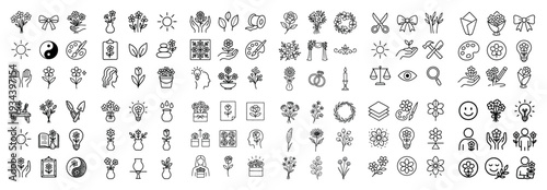 Floral icons with flower wreath bow line