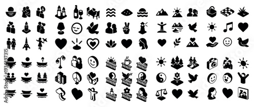 Wellness icons with heart person lotus minimal