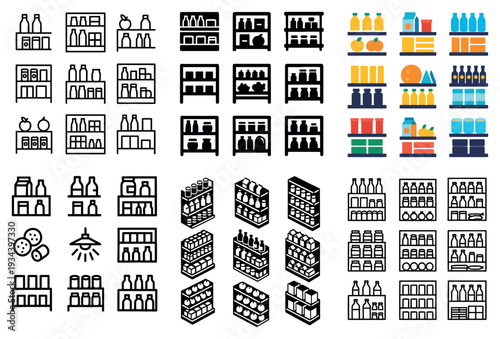 Grocery icons with shelf bottle crate flat