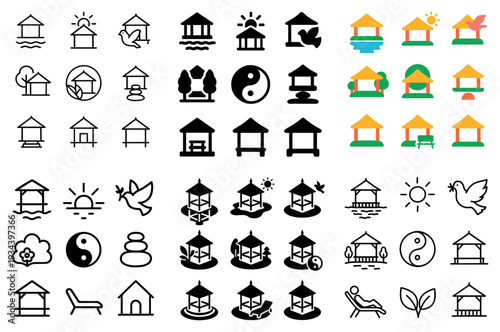 Pavilion icons with gazebo and sun colorful