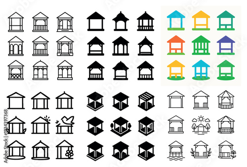 Architecture icons with temple house pavilion flat