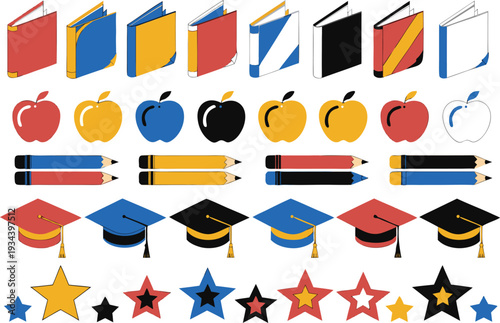 Colorful collection of school and graduation essentials icons