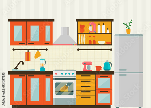 Modern Kitchen Interior with Appliances and Cabinets stock illustration.