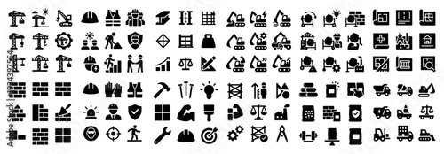 Construction icons with crane helmet and brick outline