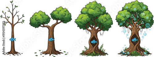 Fantasy tree evolution illustration with blue fish, growth stages, lush foliage, glowing geometric symbols, magical transformation design