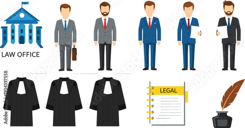 Vector collection of law office icons featuring lawyers in suits and robes legal documents and courthouse building on white background