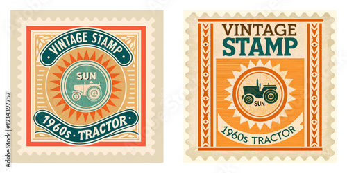 A vintage stamp showing a 1960s tractor and a sun. Warm earthy tones, linocut style, distressed vintage ink look.