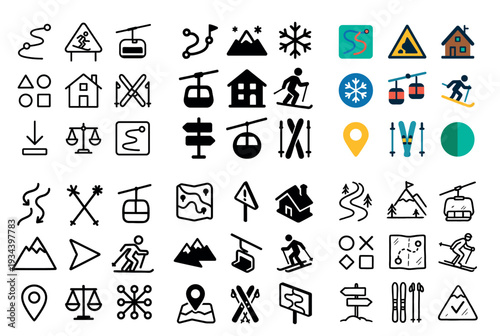 Winter icons with skier gondola mountain outline
