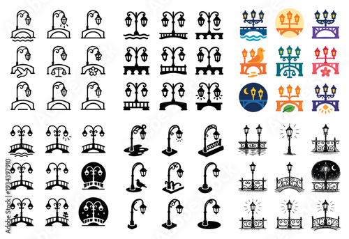 City icons with lamp bridge ornate flat