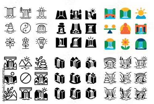 Nature icons with waterfall flower mountain flat