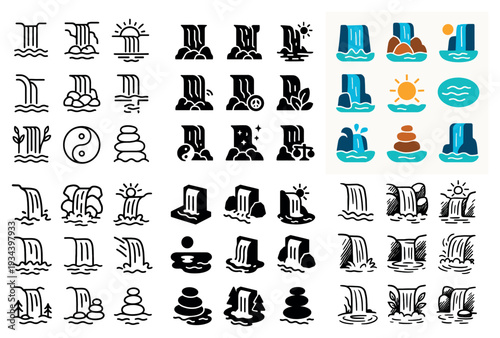 Nature icons with waterfall stone sun colorful