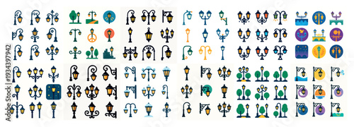 Streetlight icons with lamp pole tree outline
