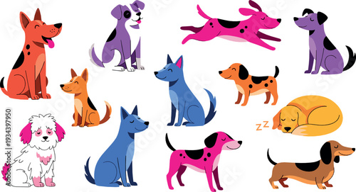 Colorful dog breeds cartoon collection flat vector illustration with playful puppies sitting running and sleeping
