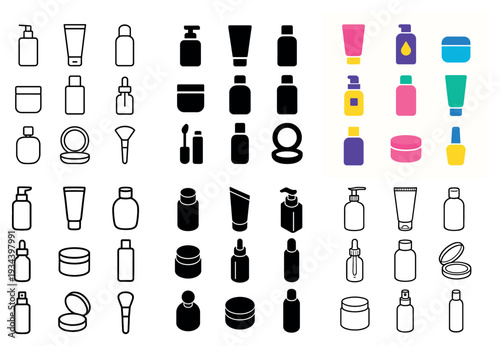 Beauty product icons with bottles and jars flat