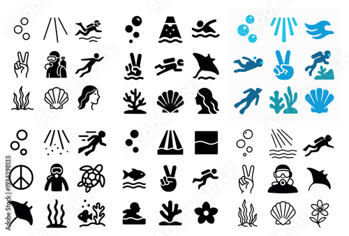 Ocean icons with shell coral swimmer minimal