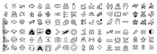 Marine life icons with fish shell wave outline minimal