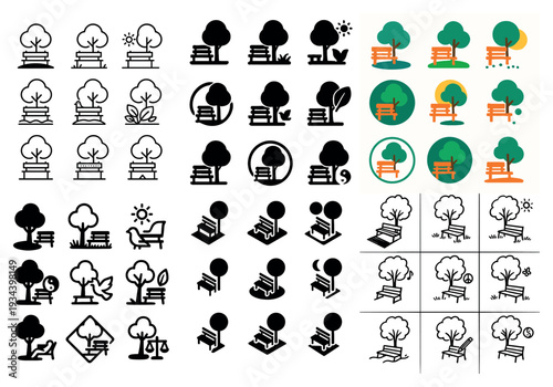 Park icons with bench and tree flat