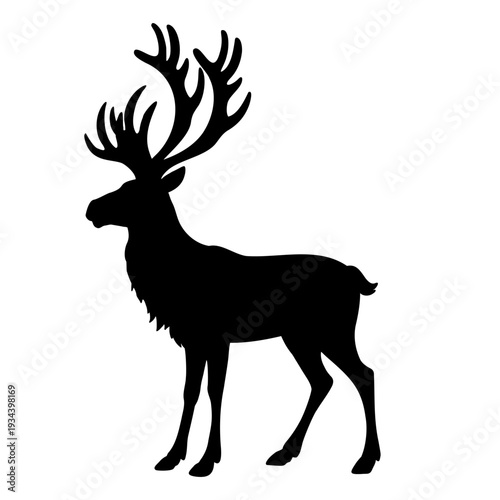 Arctic Reindeer silhouette vector illustration on isolated background. Shadow of Caribou Deer with antlers painted by black inks for tundra wildlife themes, north fauna icon and graphic design.