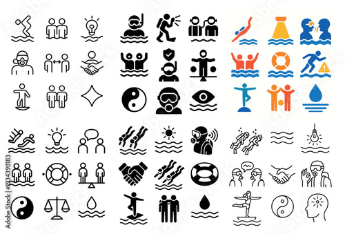 Water safety icons with swimmer lifebuoy whistle outline