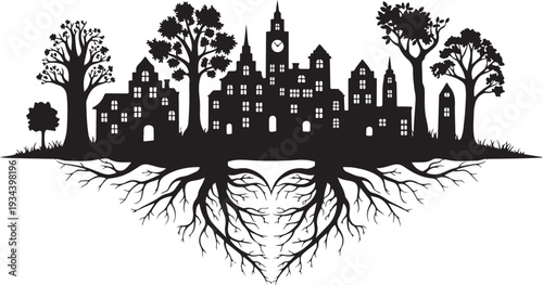 Black silhouette of a town with tree roots underground