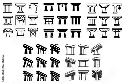 Architectural icons with columns pedestals monoline