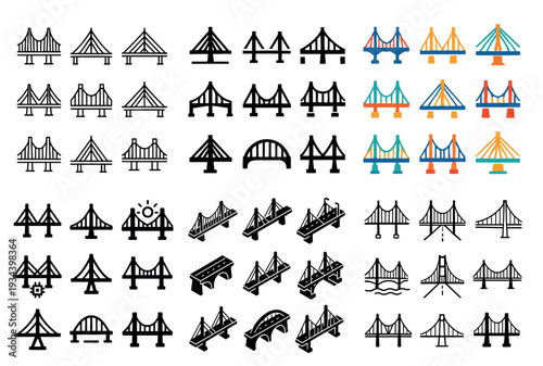 Bridge icons with suspension arch tower outline